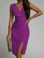 Amelie | Women’s Formal Dress With Pleated V-Neck And Side Slit | Elegant