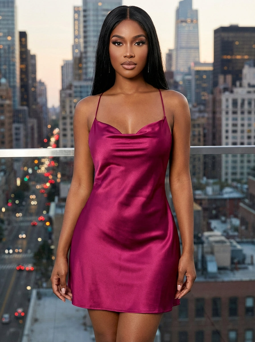 Anatea | Women Satin Cocktail Dress With Spaghetti Straps And Side Slit | Elegant Style
