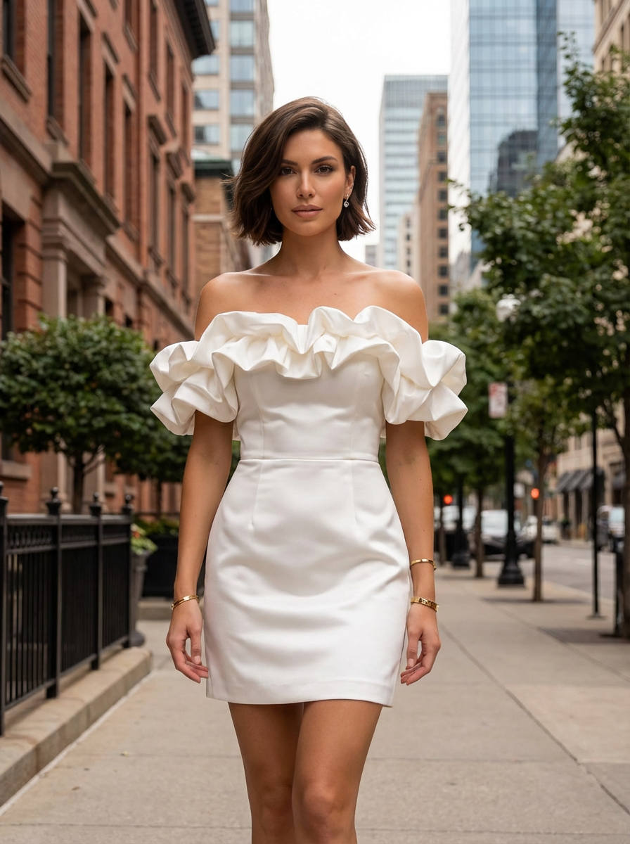 Anoushka | Women Cocktail Dress With Bare Shoulder Design And Soft Ruffle Accent | Romantic Style