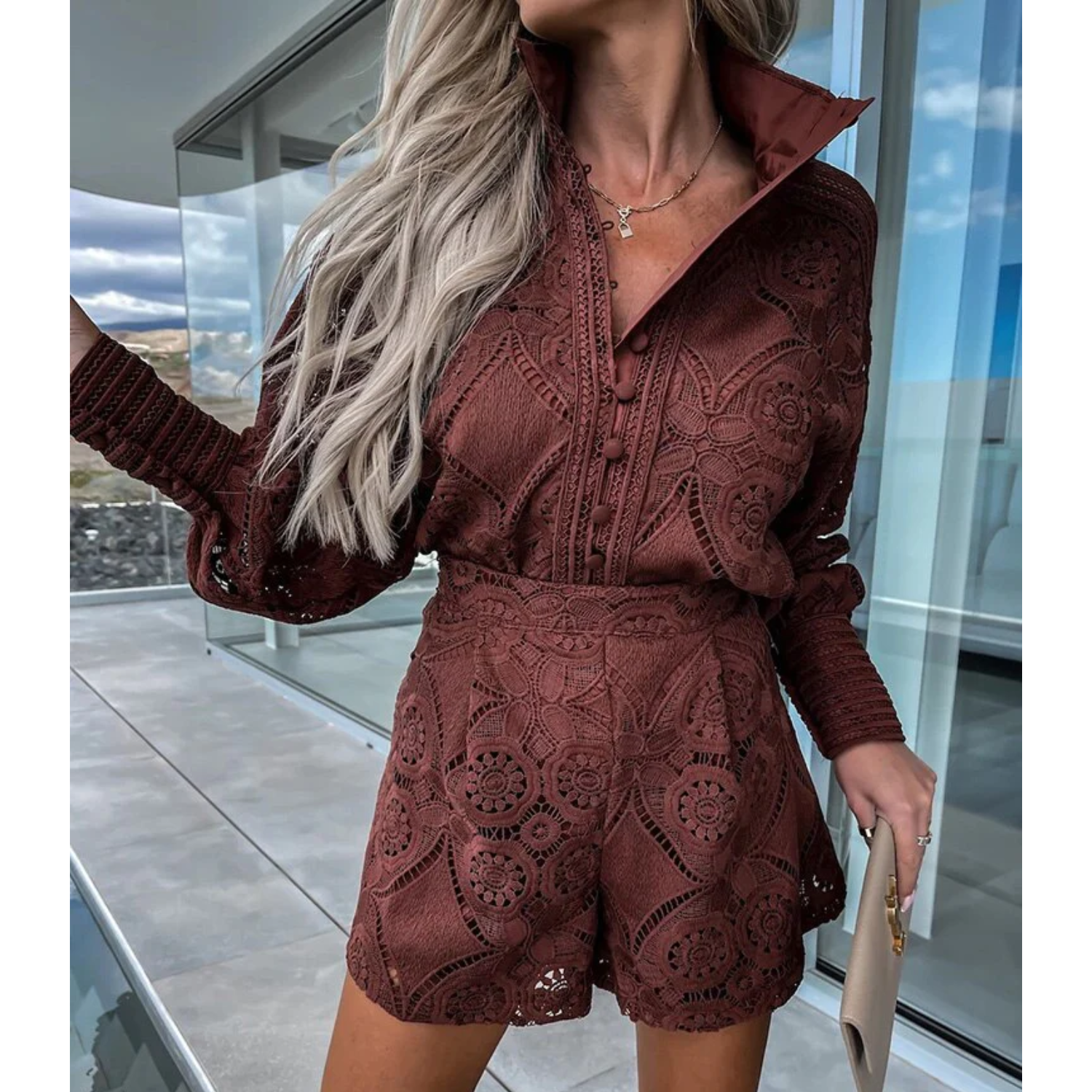 Ava | Women's Lace Romper With Long Sleeves And Button Front