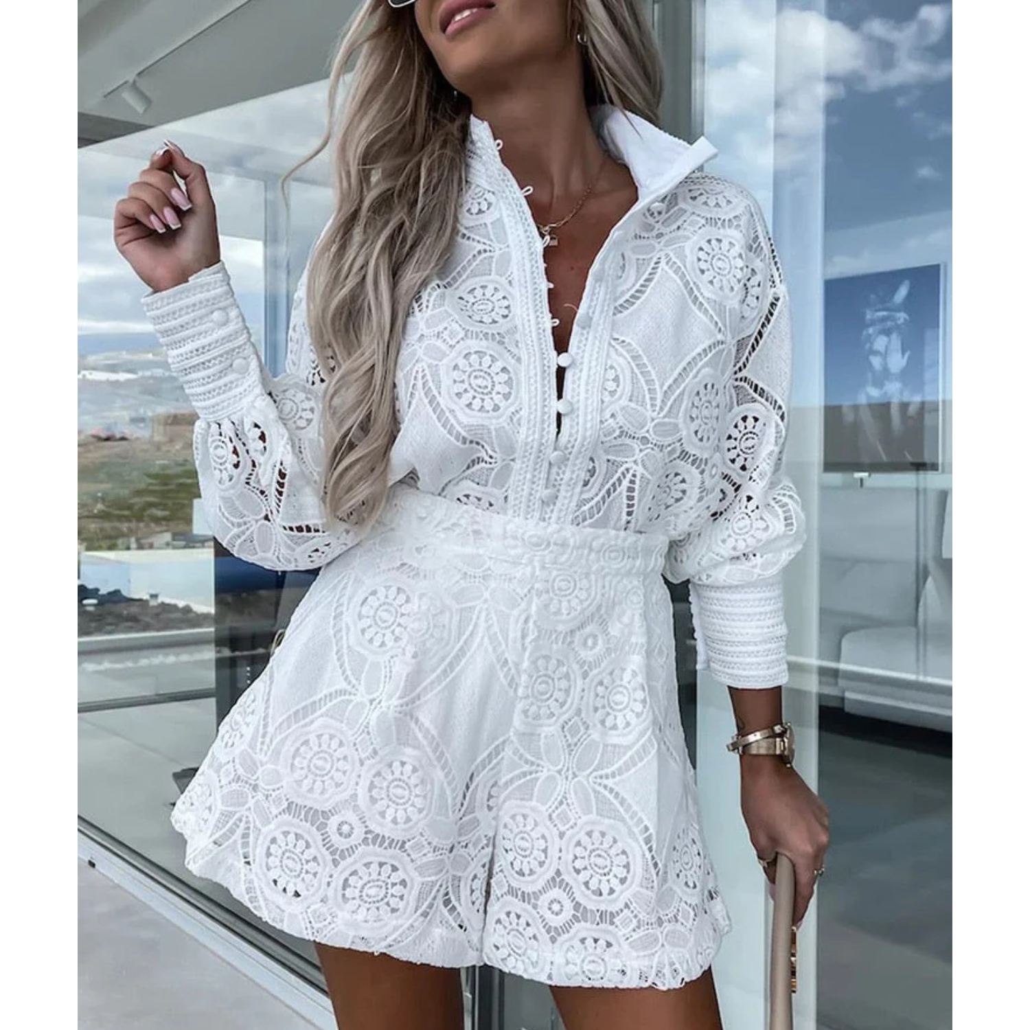 Ava | Women's Lace Romper With Long Sleeves And Button Front