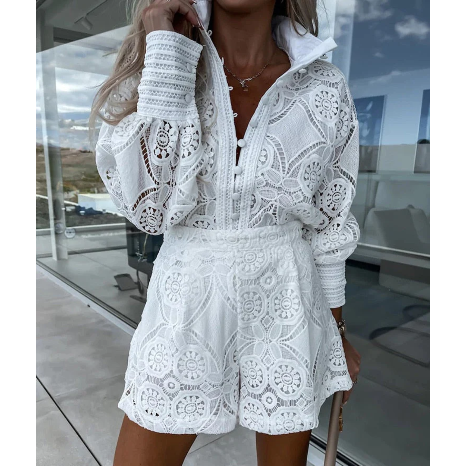 Ava | Women's Lace Romper With Long Sleeves And Button Front