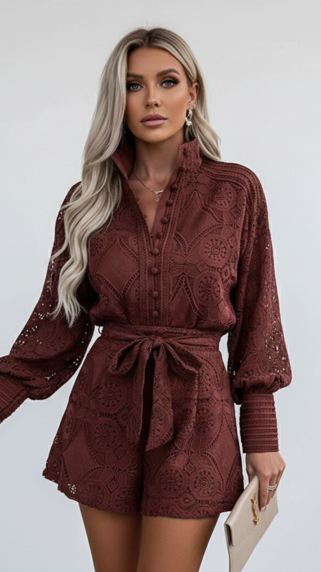 Ava | Women's Lace Romper With Long Sleeves And Button Front