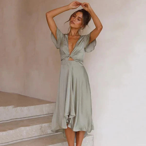 Arielle | Women's Summer Dress With Deep V-Neck And High-Low Hem | Graceful