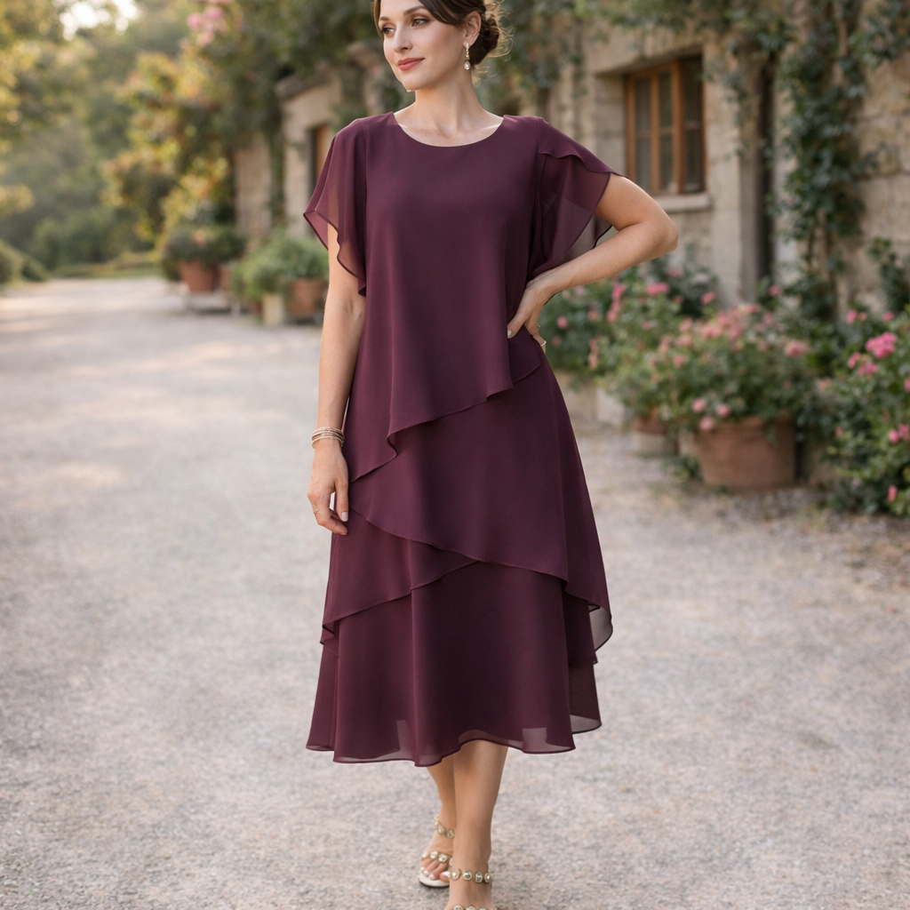 Belle | Women's Floral Dress With Layered Design And Short Sleeves | Elegant