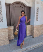 Celeste | Women's Cocktail Dress With One-Shoulder Pleated Design And Flowing Midi Style | Party