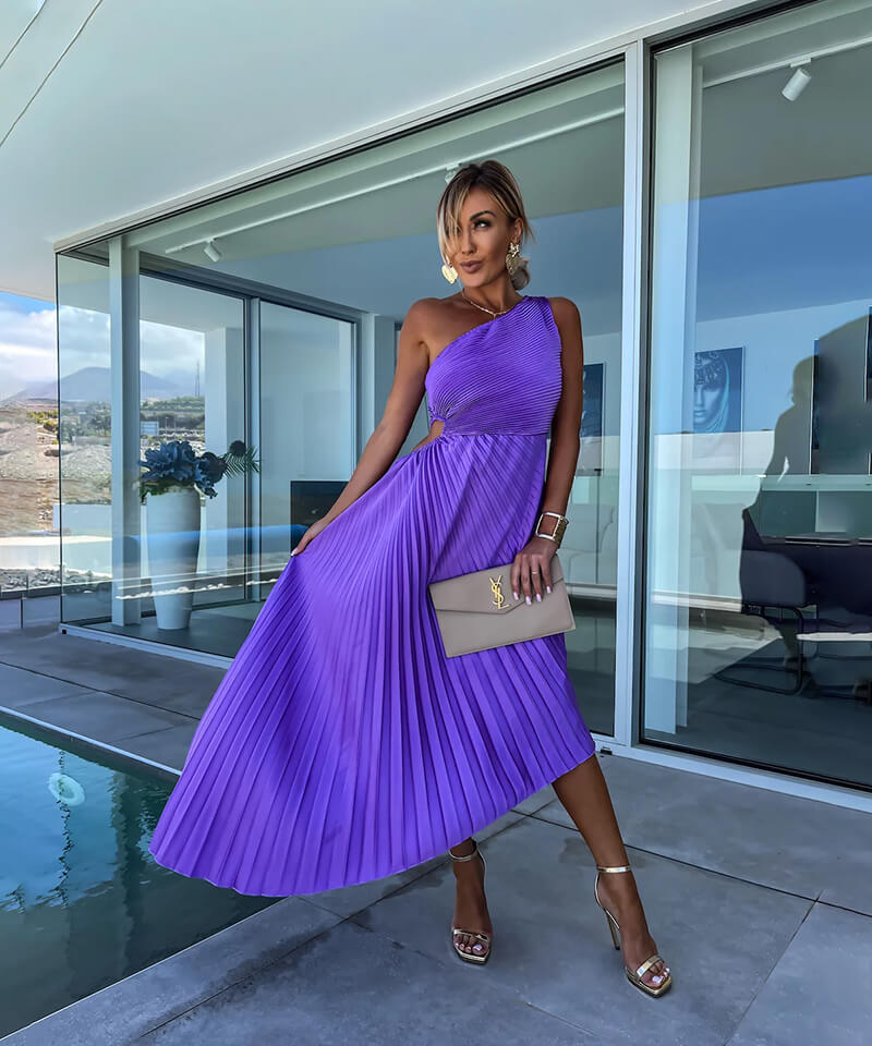 Celeste | Women's Cocktail Dress With One-Shoulder Pleated Design And Flowing Midi Style | Party