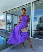 Celeste | Women's Cocktail Dress With One-Shoulder Pleated Design And Flowing Midi Style | Party