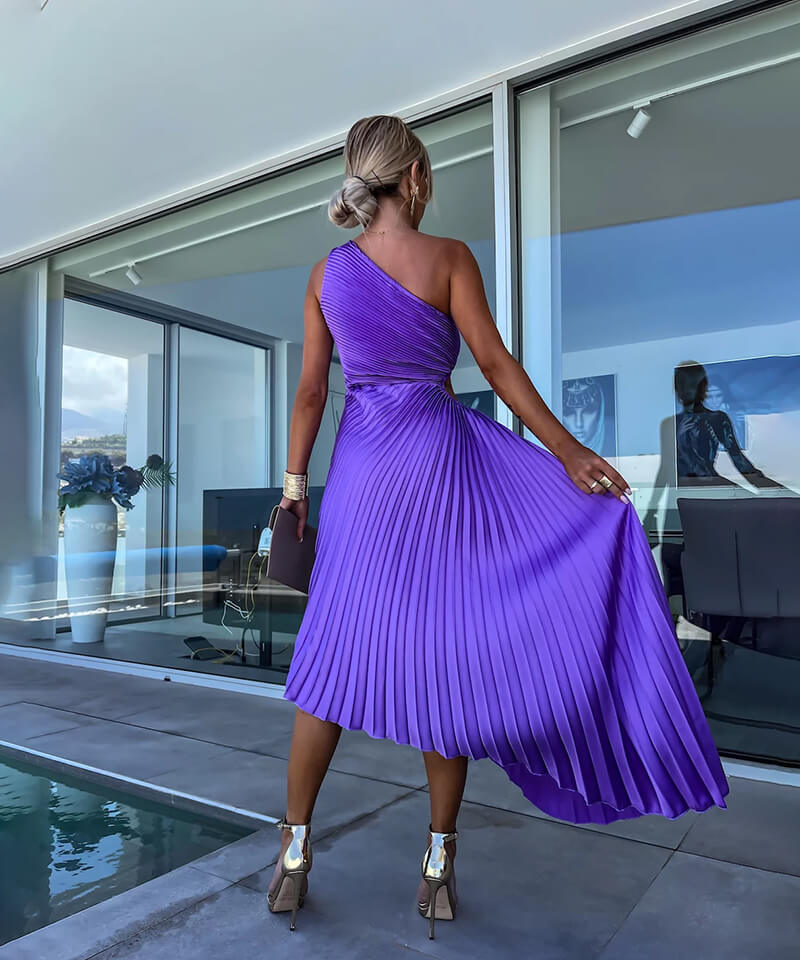Celeste | Women's Cocktail Dress With One-Shoulder Pleated Design And Flowing Midi Style | Party