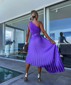 Celeste | Women's Cocktail Dress With One-Shoulder Pleated Design And Flowing Midi Style | Party