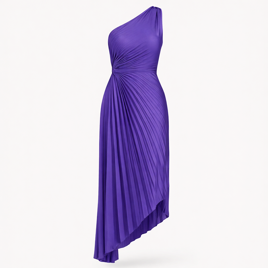 Celeste | Women's Cocktail Dress With One-Shoulder Pleated Design And Flowing Midi Style | Party