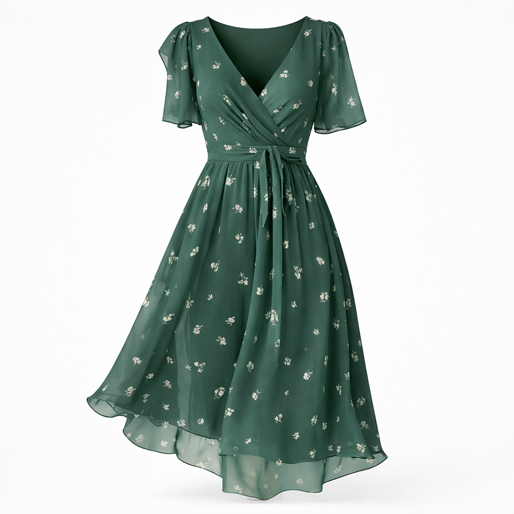 Clara | Women’s Formal Dress With Flutter Sleeves And V-Neck Midi Silhouette | Elegant