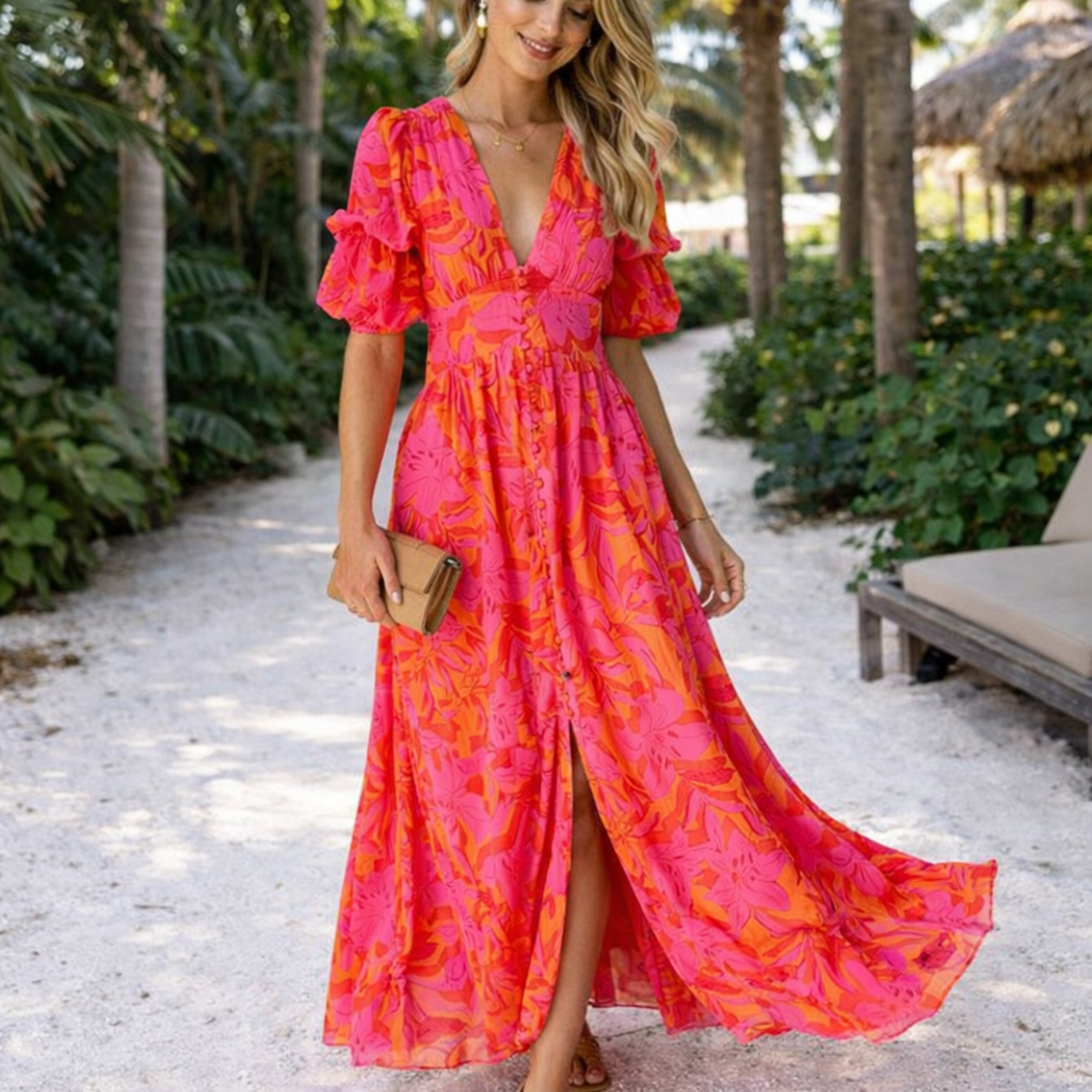 Clara | Women’s Graduation Dress With Puff Sleeves And Floral Print | Elegant