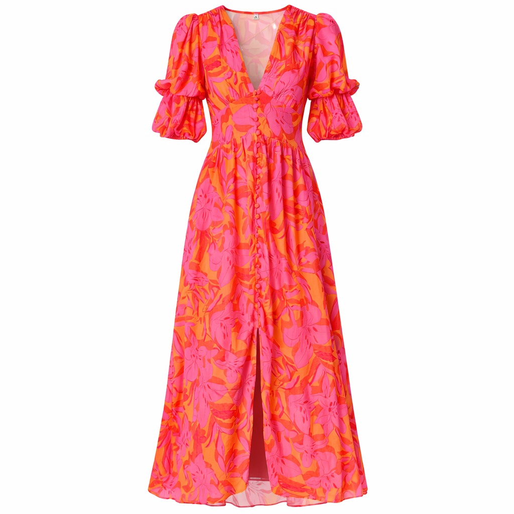 Clara | Women’s Graduation Dress With Puff Sleeves And Floral Print | Elegant