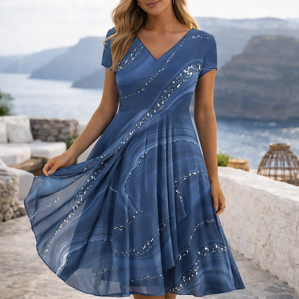 Clara | Women's Sparkle Dress With V-Neck And Flowing Swirl Print | Elegant