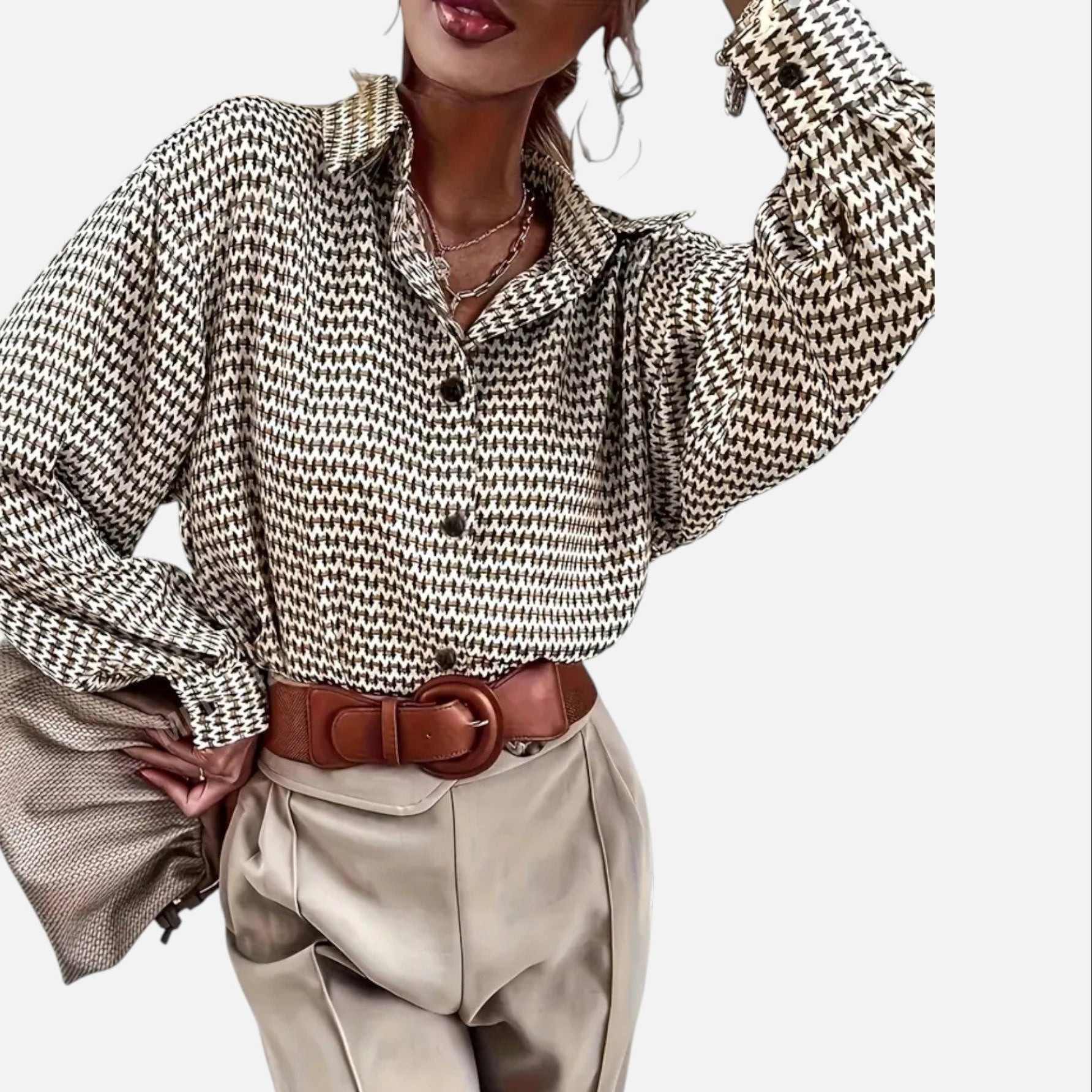 Elara | Women's Geometric Print Blouse With Long Sleeve And Contrast Buttons | Chic