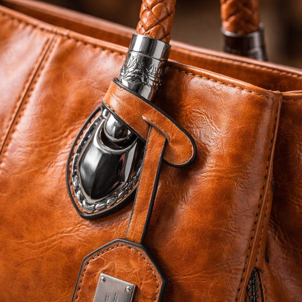 Close-up of a brown leather bag with decorative metal accents