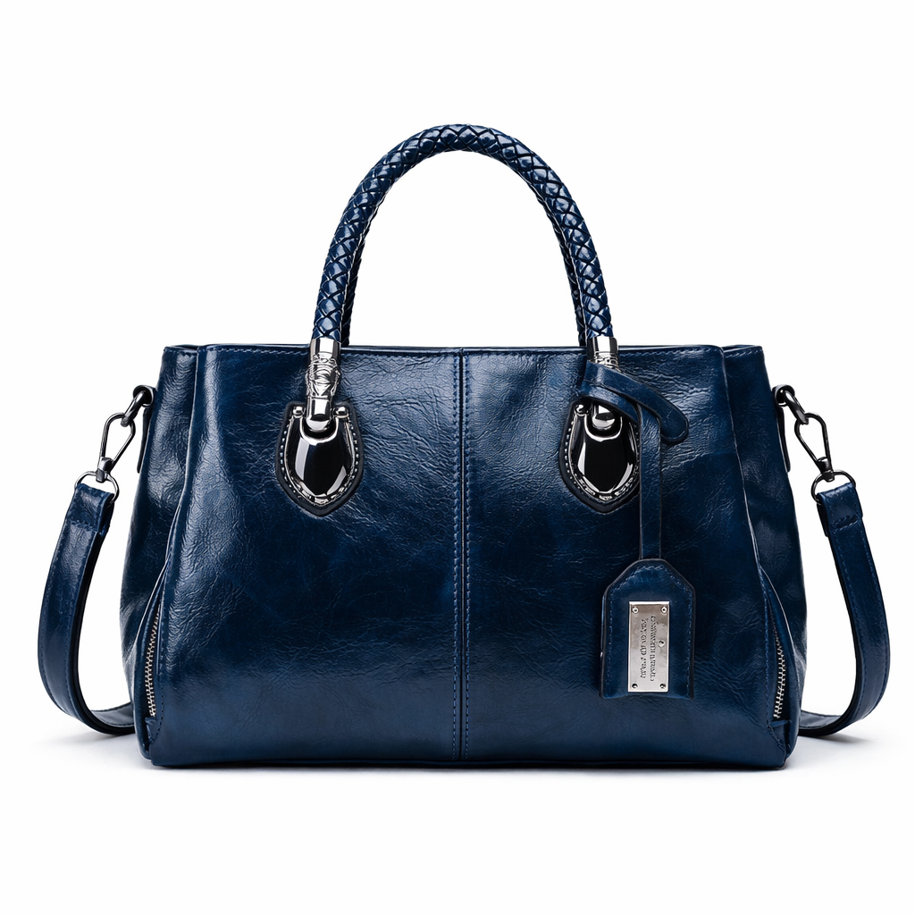 Blue handbag with braided handle on a white background