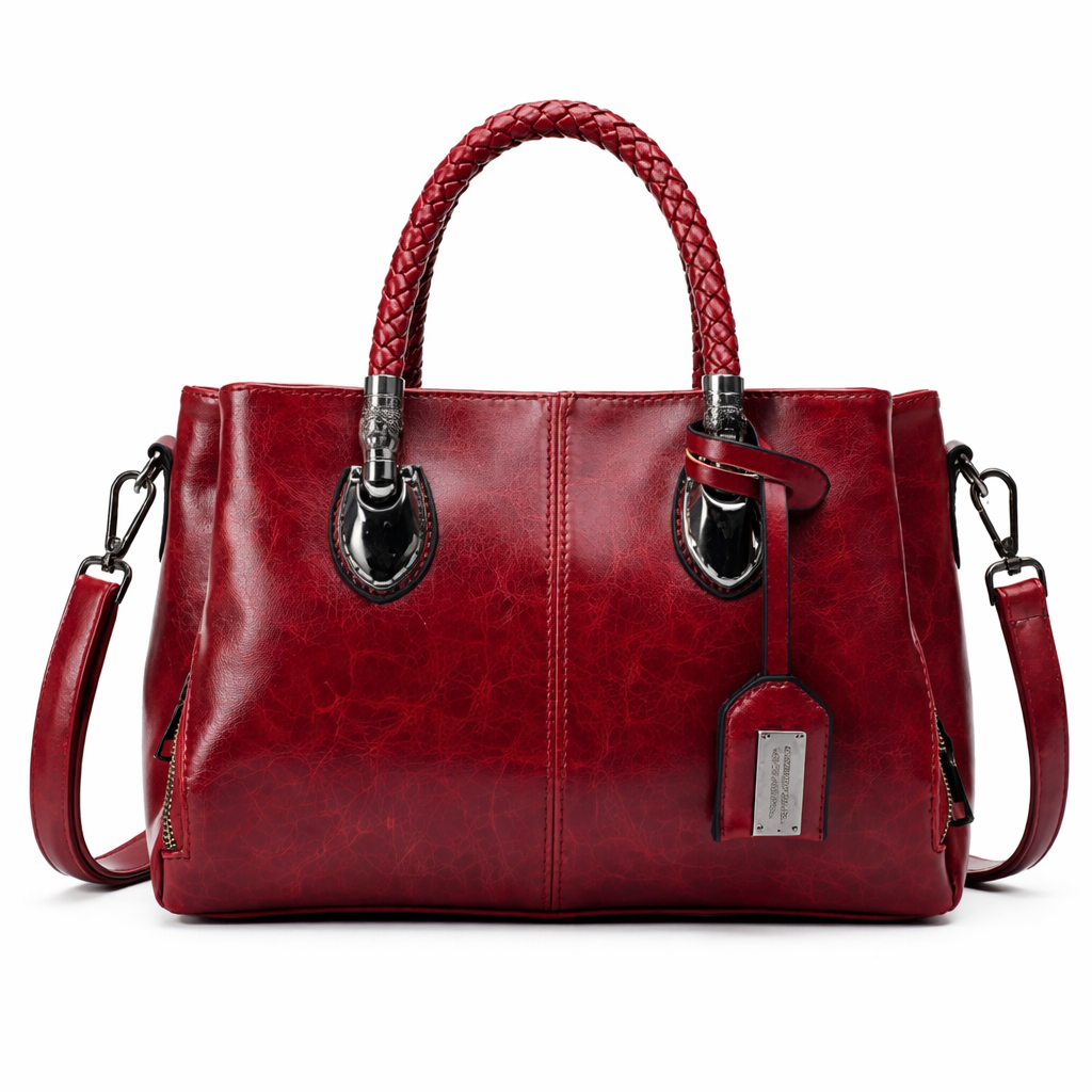 Red leather handbag with braided handle on a white background