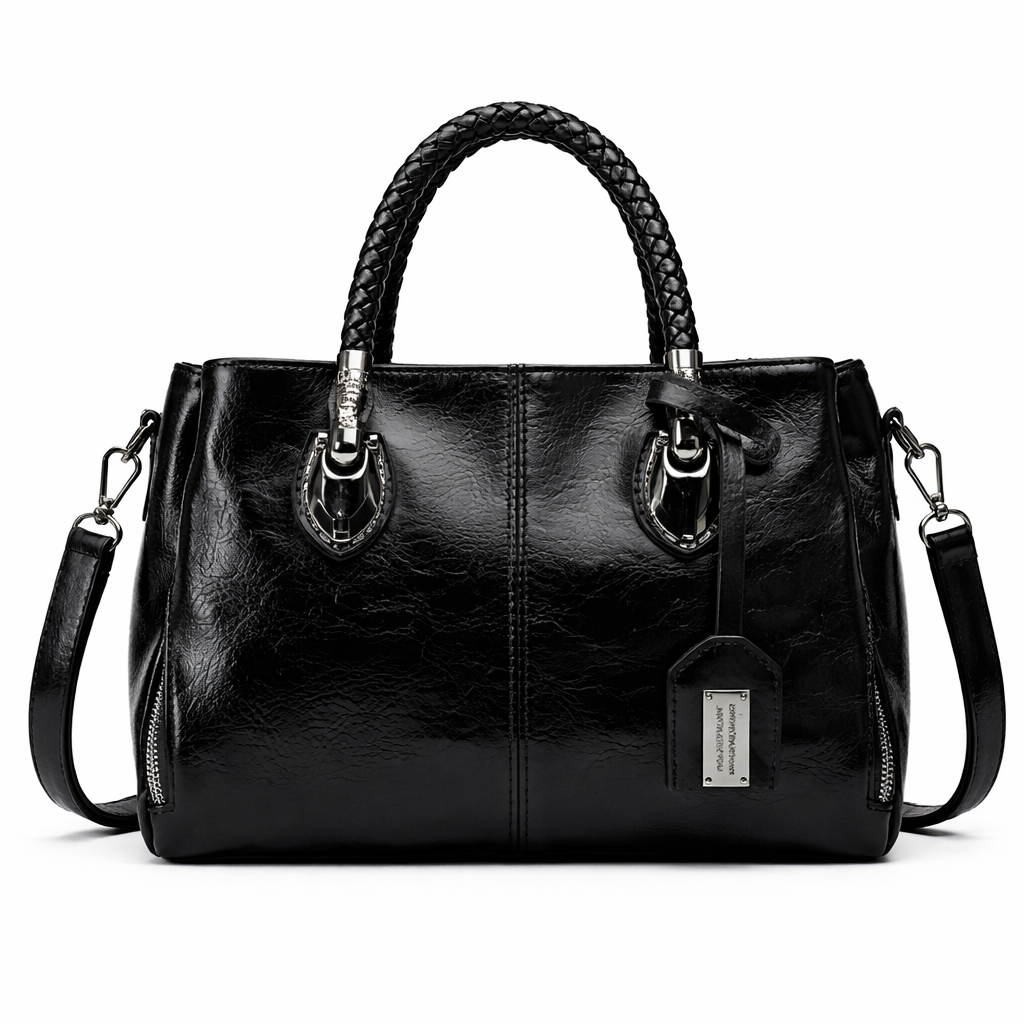 Black leather handbag with braided handles on a white background