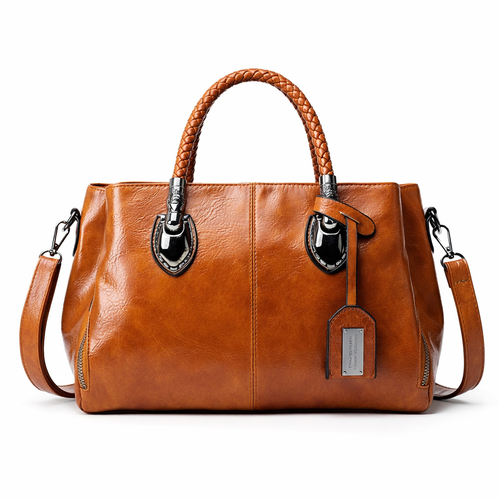 Brown leather handbag with braided handle on a white background