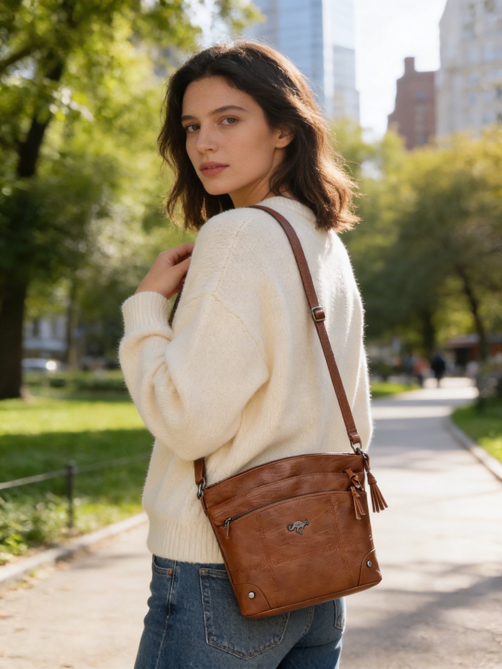 Elena | Women’s Crossbody Bag With Front Zipper Pocket And Contrast Stitch Detail | Everyday