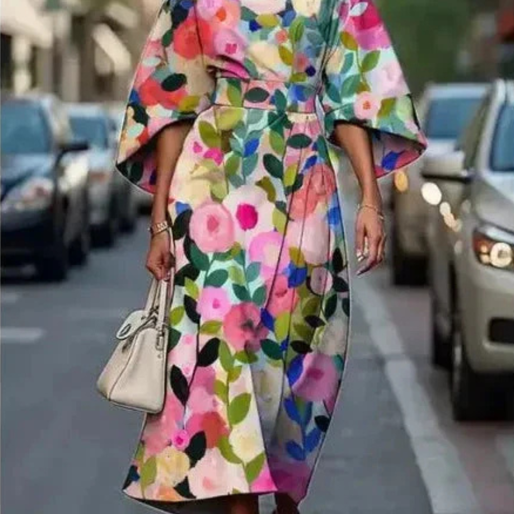 Elowen | Women's Floral Dress With Cape Sleeves And Tie Waist