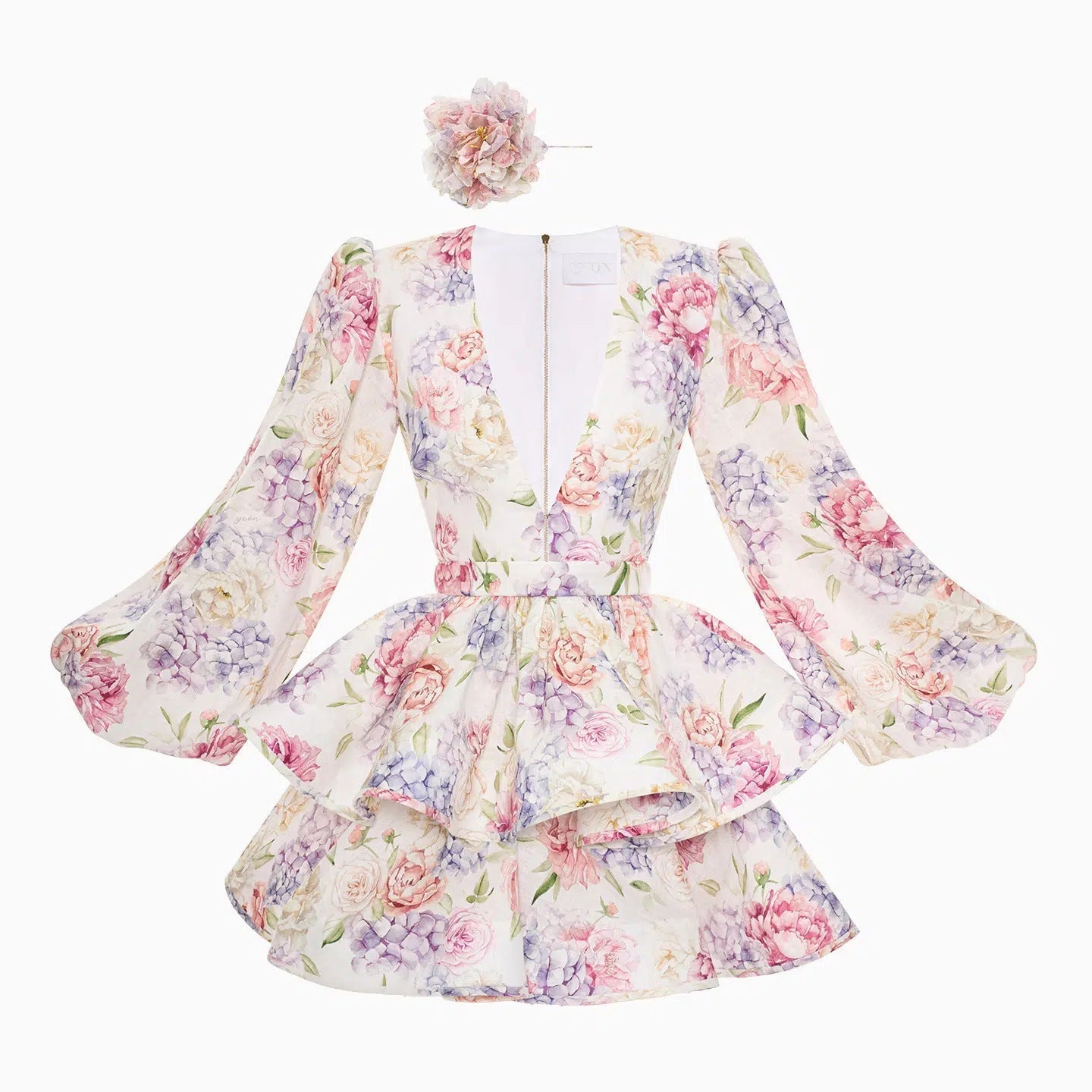 Elowen | Women's Floral Dress With Deep V-Neck And Puff Sleeves