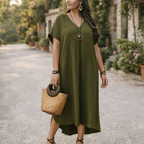 Emilia | Women's Day Dress With Flowy V Neck Design And Relaxed Midi Silhouette | Casual