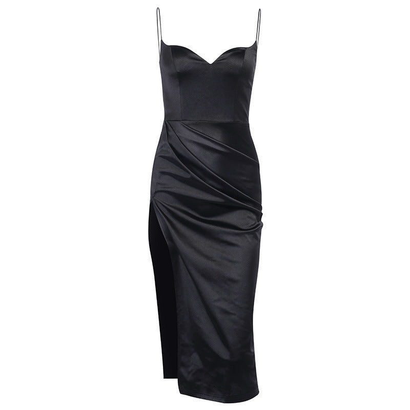 Flora | Women’s Sleek Graduation Dress With Spaghetti Straps & High Slit | Satin Midi