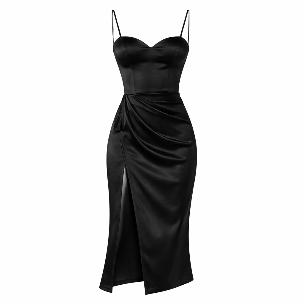 Flora | Women’s Sleek Graduation Dress With Spaghetti Straps & High Slit | Satin Midi