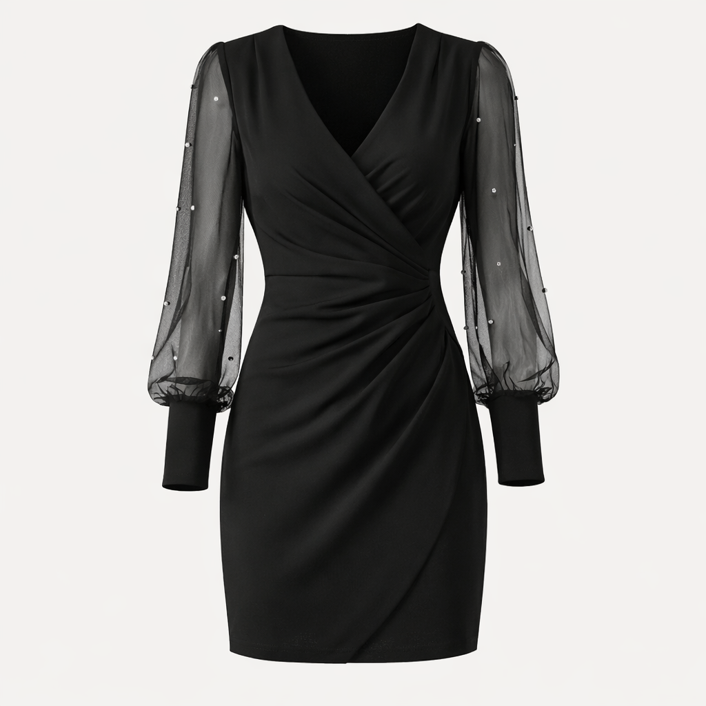 Gwen | Women's Sparkle Dress With V-Neck Wrap Waist And Lace Sleeves | Elegant
