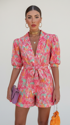 Harper | Women’s V-Neck Romper With Waist Tie And Short Sleeves