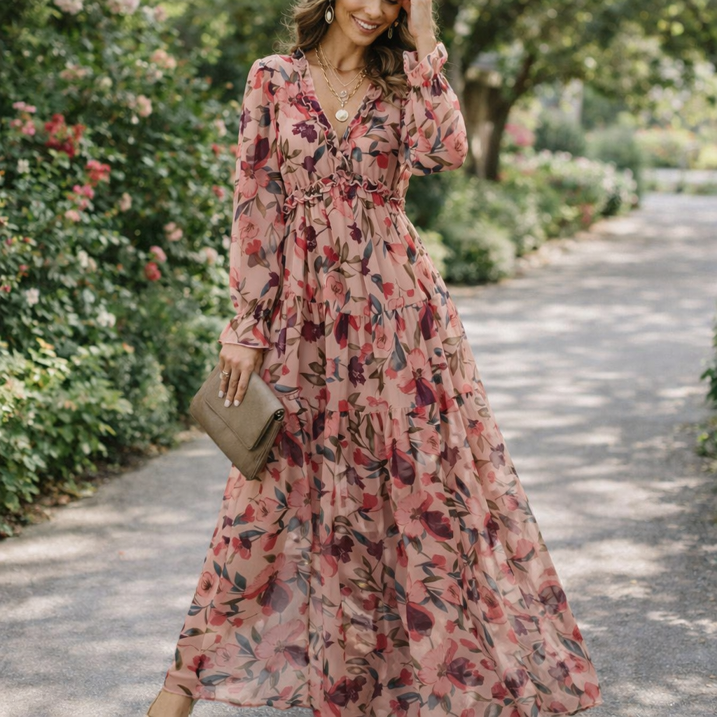 Helen | Women’s Formal Dress With Floral Print And Long Sleeves | Elegant