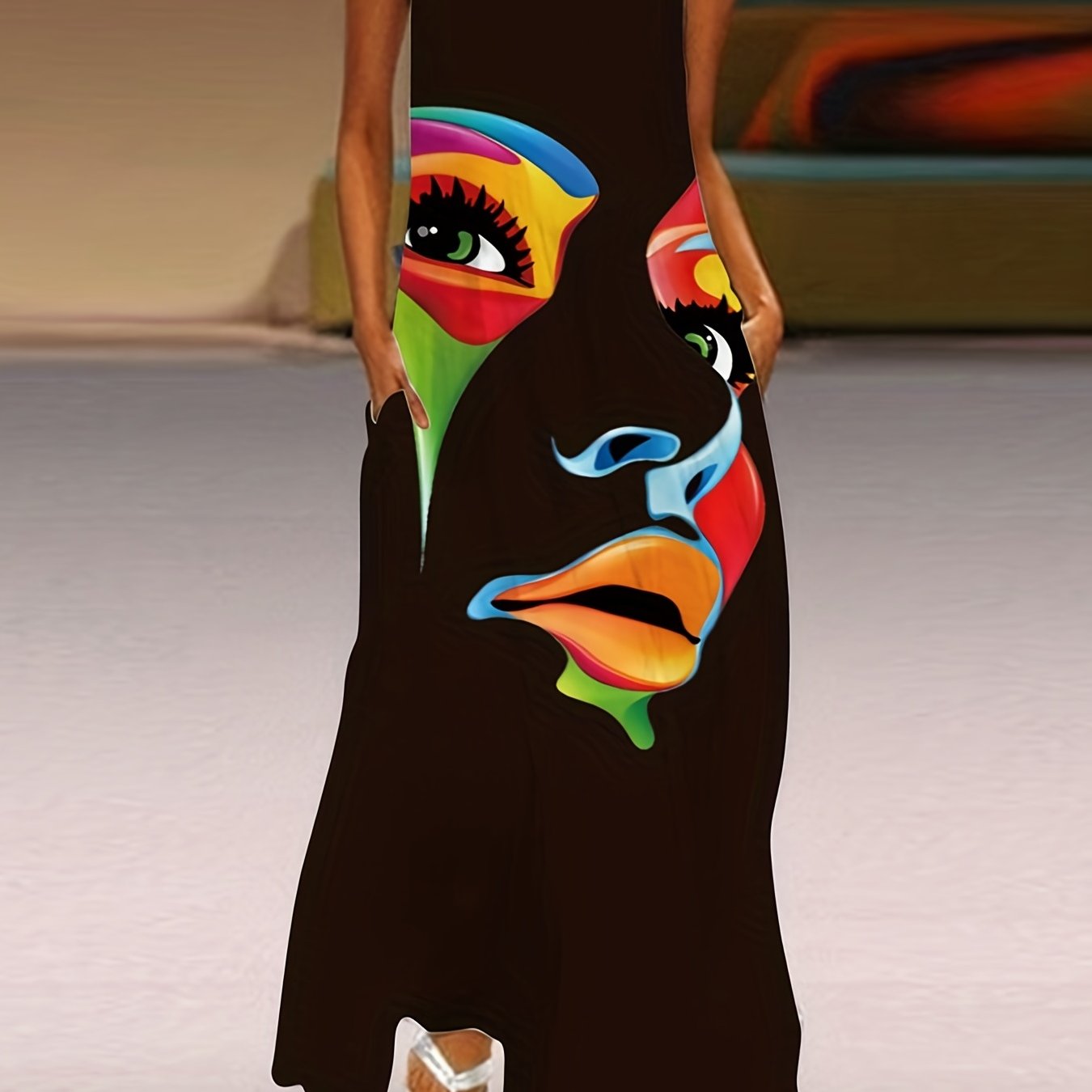 Honor | Women's Sparkle Dress With Artistic Mask Print And Flowing Maxi Silhouette | Elegant