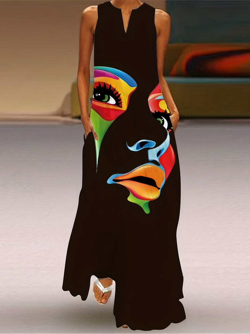 Honor | Women's Sparkle Dress With Artistic Mask Print And Flowing Maxi Silhouette | Elegant