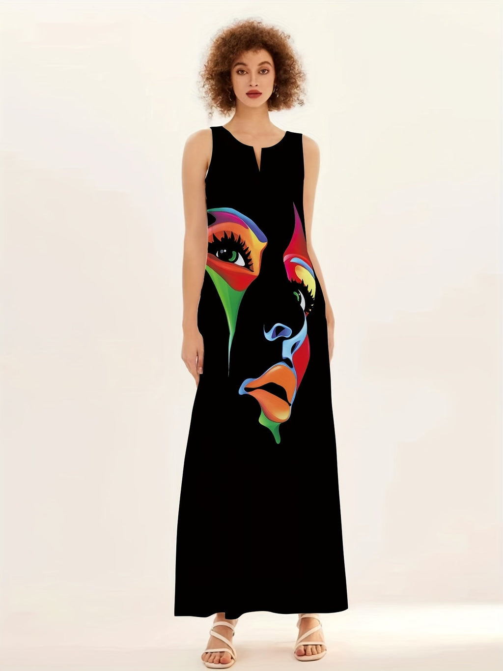 Honor | Women's Sparkle Dress With Artistic Mask Print And Flowing Maxi Silhouette | Elegant