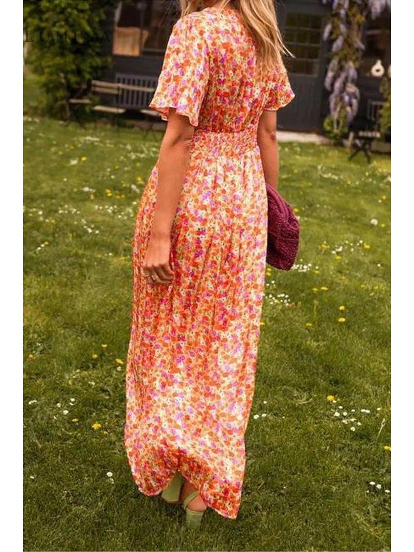 Maribel | Women's Wedding Guest Dress With Flutter Sleeves And Floral Print