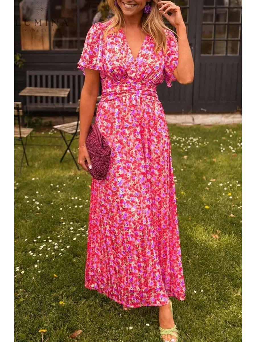 Maribel | Women's Wedding Guest Dress With Flutter Sleeves And Floral Print