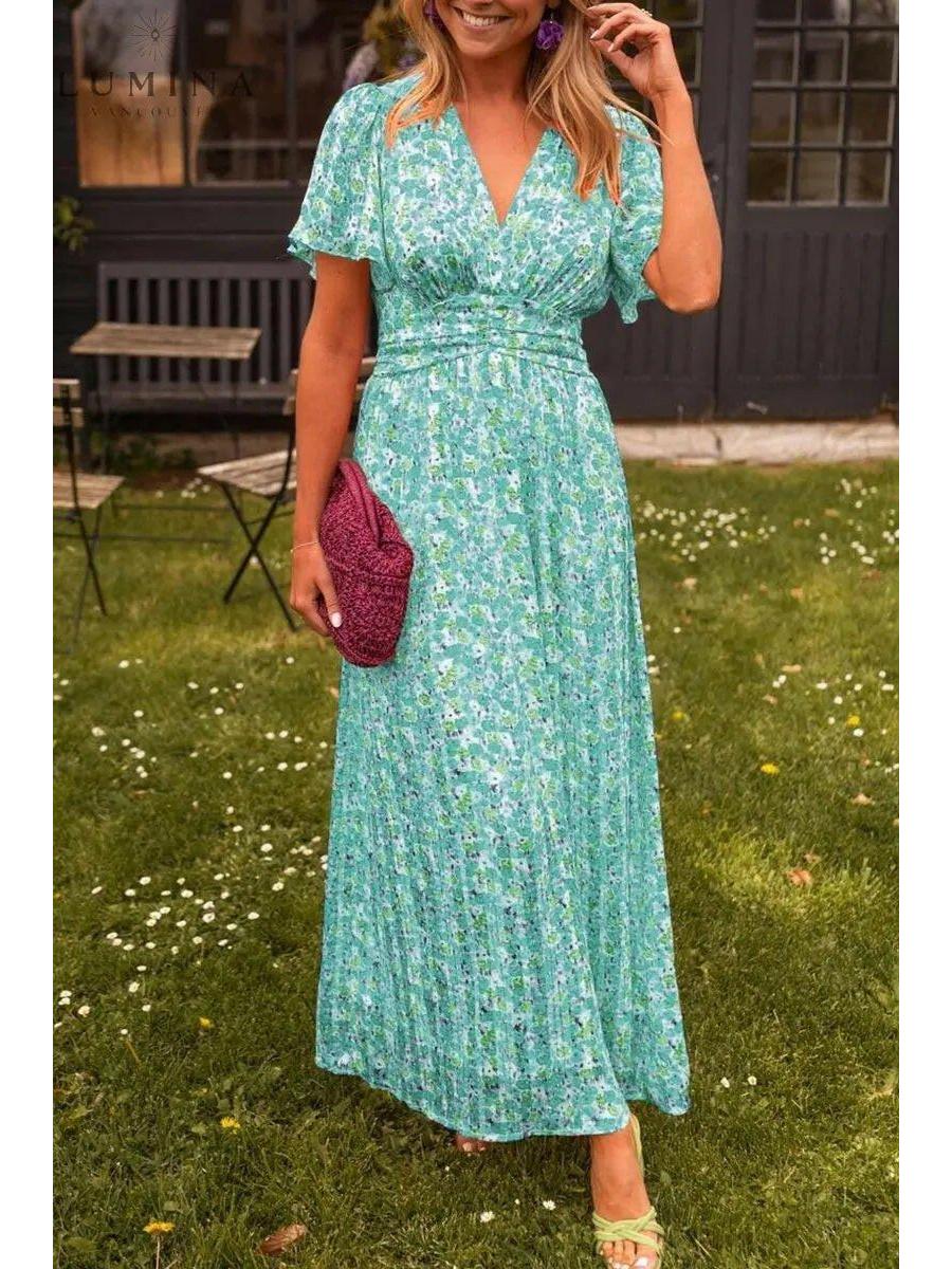 Maribel | Women's Wedding Guest Dress With Flutter Sleeves And Floral Print