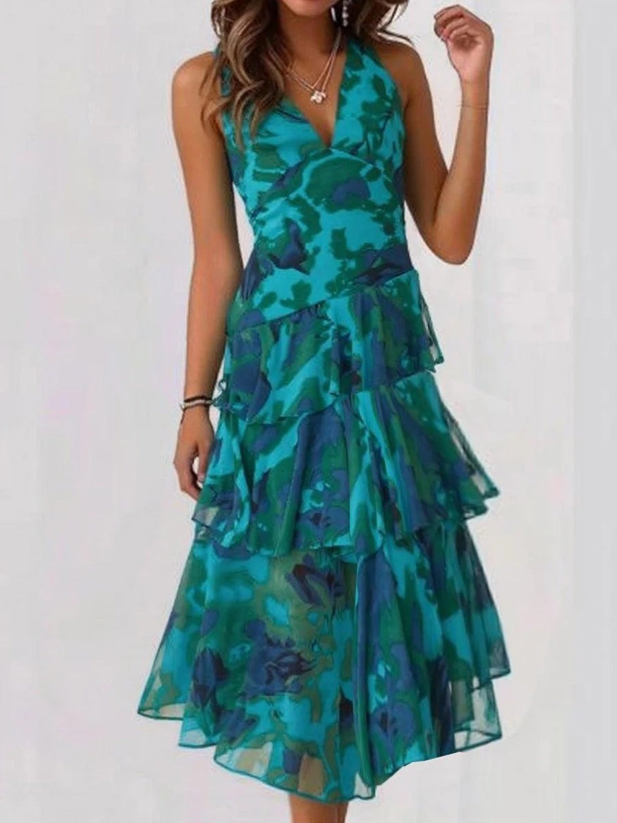 Maribel | Women's Wedding Guest Dress With V-Neckline And Tiered Ruffle Skirt