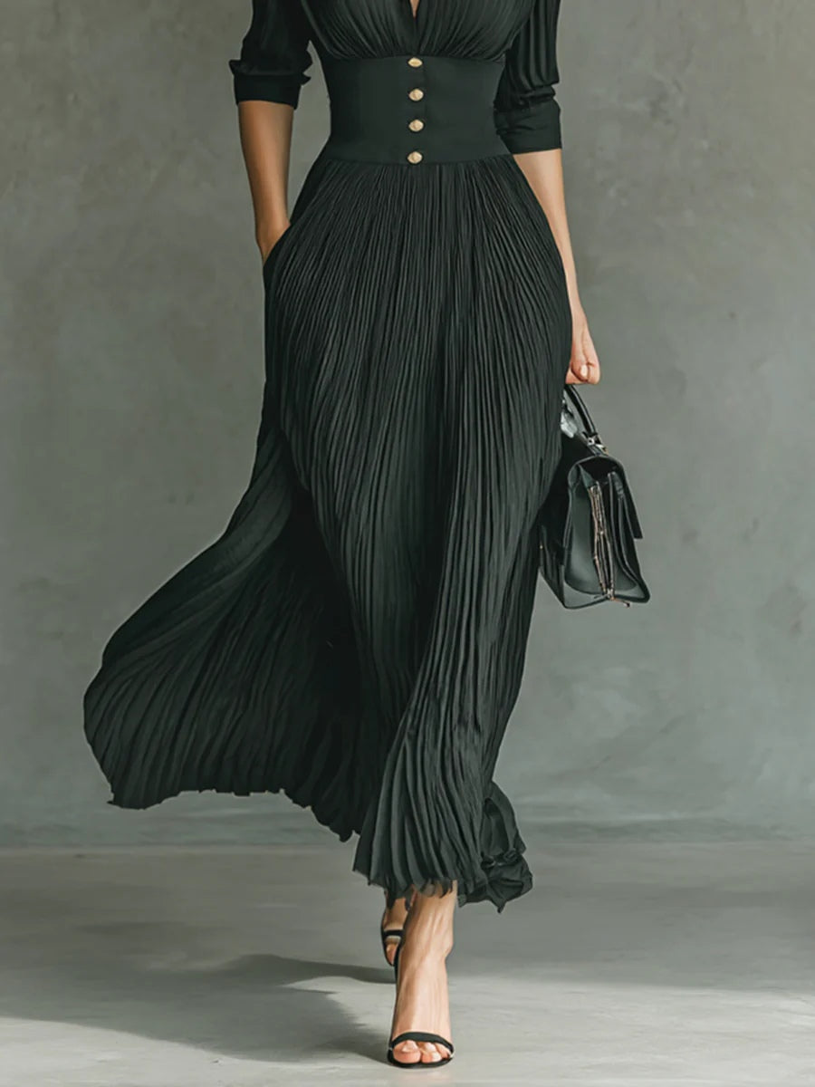 Maéline | Women’s Formal Dress With Fitted Waist And Pleated Maxi Skirt | Elegant