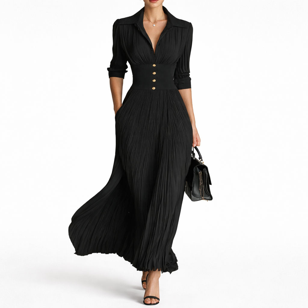 Maéline | Women’s Formal Dress With Fitted Waist And Pleated Maxi Skirt | Elegant