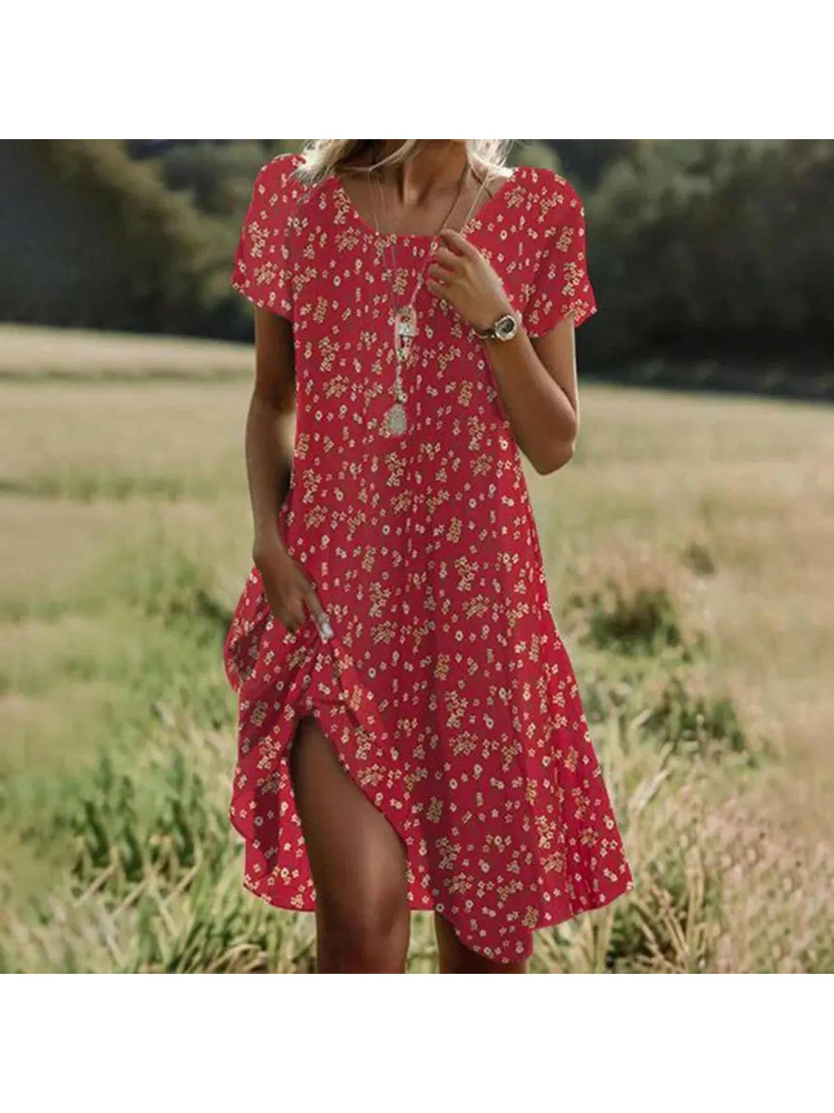 Maribel | Women's Floral Dress With Short Sleeves And Side Slit