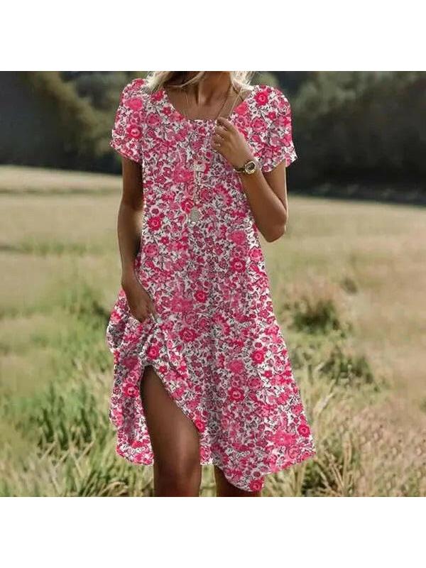 Maribel | Women's Floral Dress With Short Sleeves And Side Slit