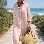 Nicole | Women’s Formal Dress With Striped Fabric And Button Front | Casual