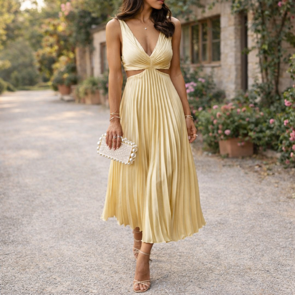 Nora | Women's Day Dress With Pleated Skirt And Sleeveless V-Neck Design | Casual