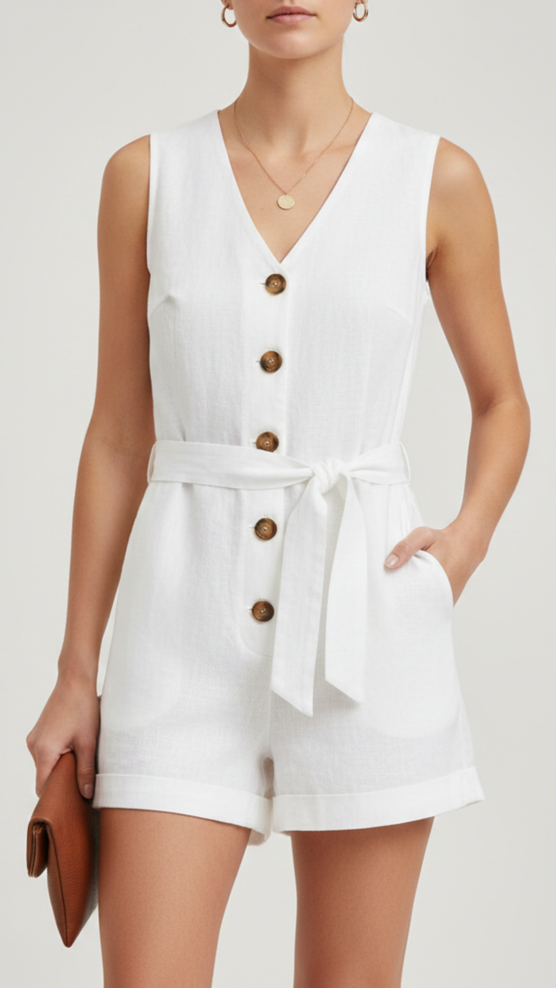 Novae | Women’s Sleeveless Romper With Button Front And Tie Waist