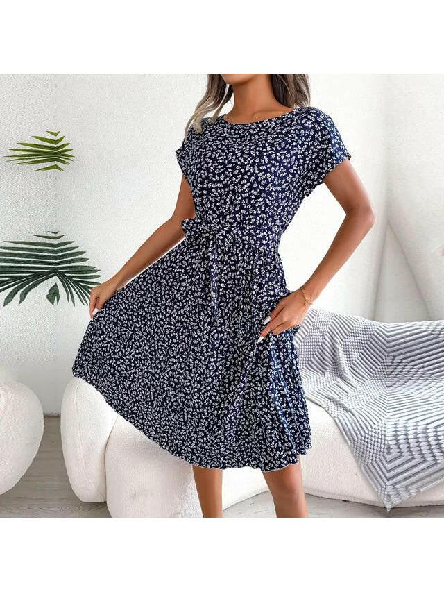 Olivia | Women’s Floral Dress With Tie Waist And Short Sleeves
