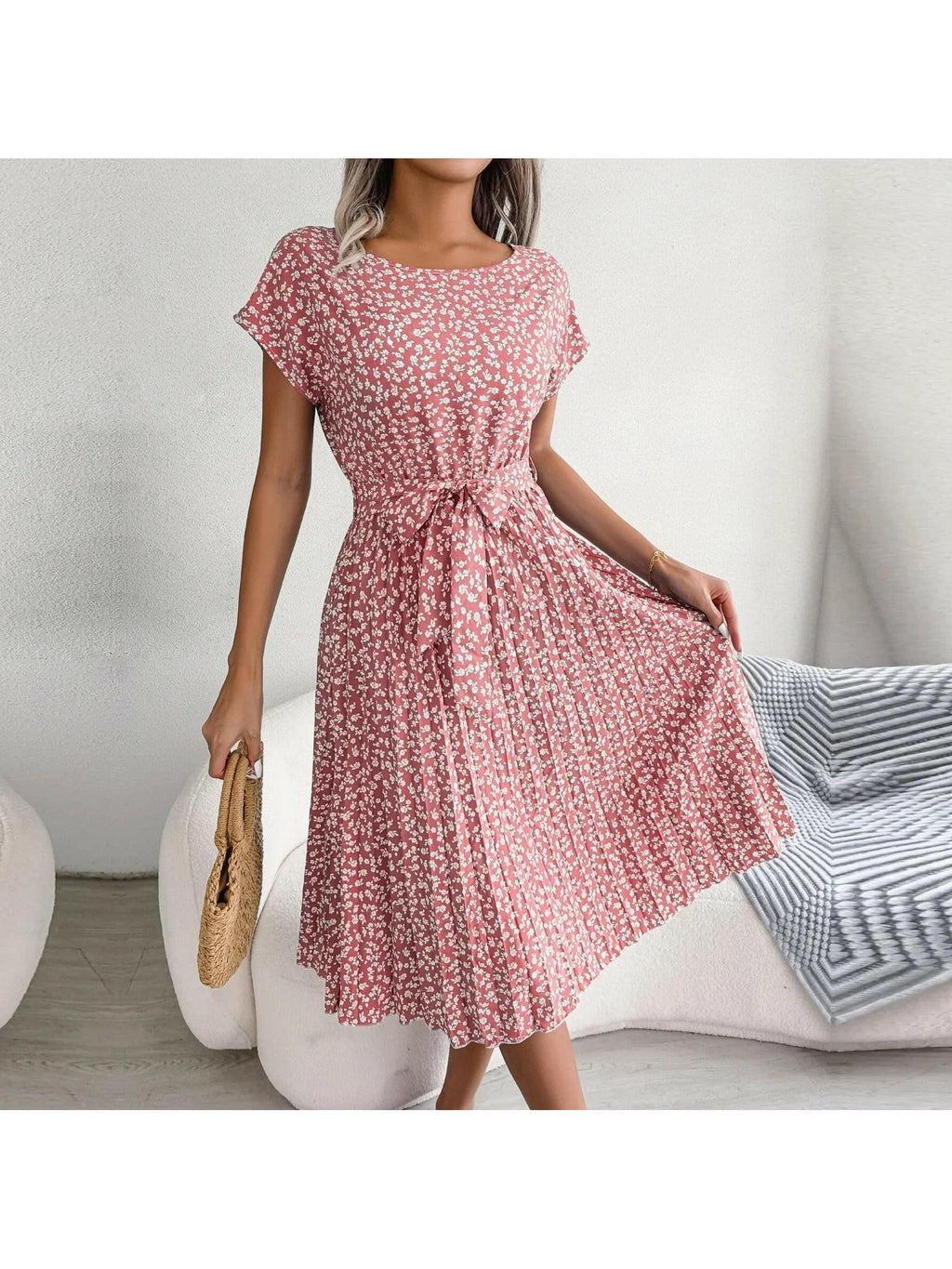 Olivia | Women’s Floral Dress With Tie Waist And Short Sleeves